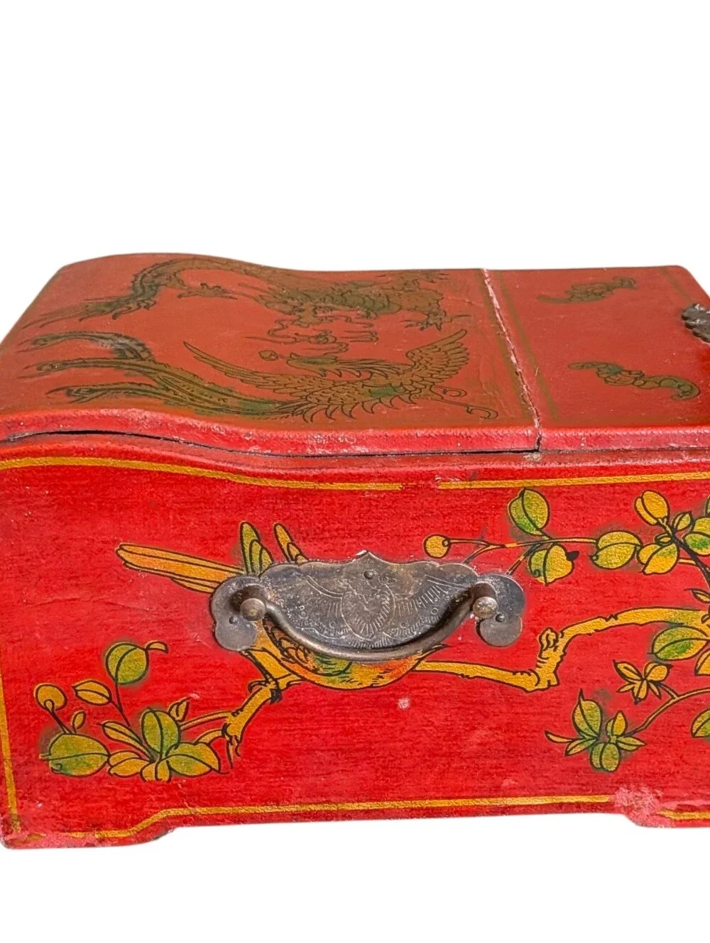 Vintage Antique Chinese Red Jewelry Box Folding Vanity Mirror 2 Drawers